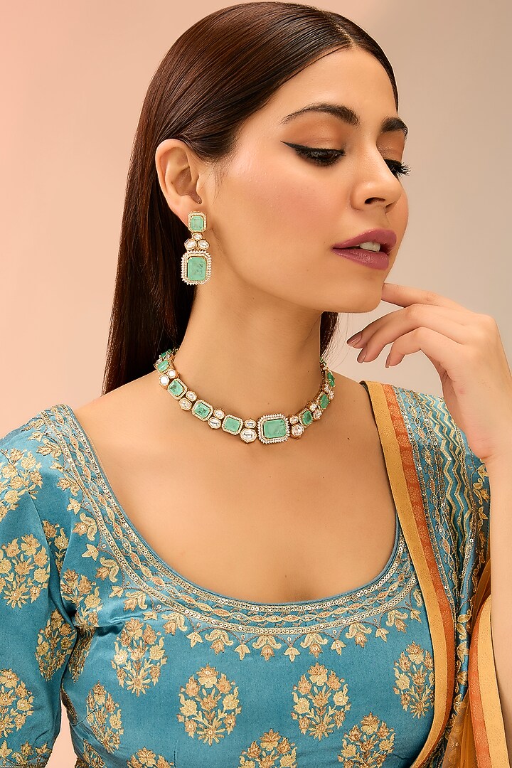 Gold Finish Mint Moissanite Necklace Set by Preeti Mohan at Pernia's Pop Up Shop