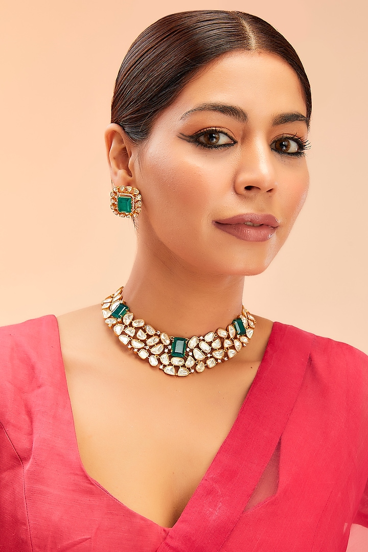 Gold Finish Green Moissanite Necklace Set by Preeti Mohan at Pernia's Pop Up Shop