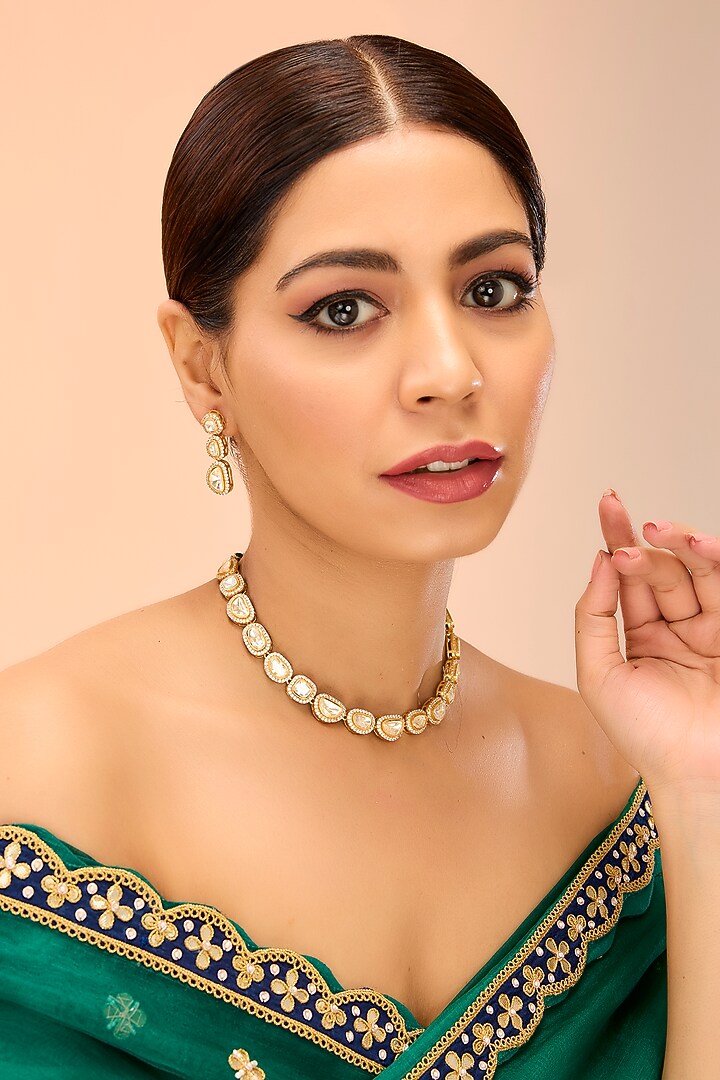 Gold Finish Moissanite Polki Necklace Set by Preeti Mohan at Pernia's Pop Up Shop