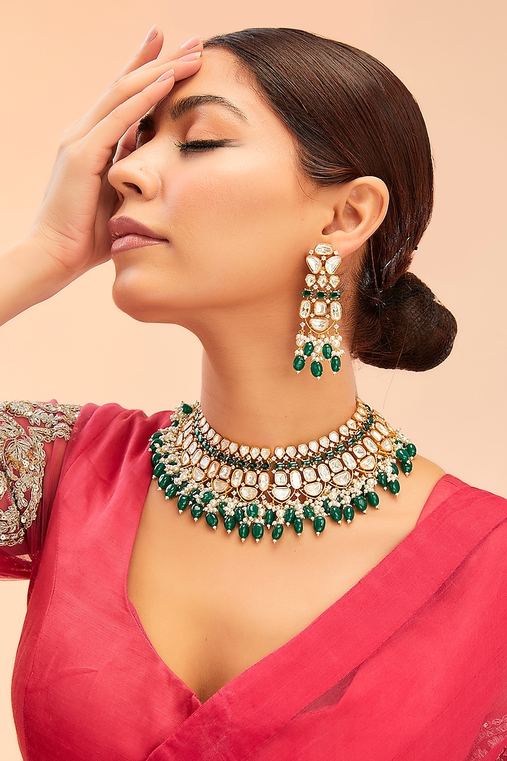 Gold Finish Moissanite & Green Onyx Drop Necklace Set by Preeti Mohan at Pernia's Pop Up Shop