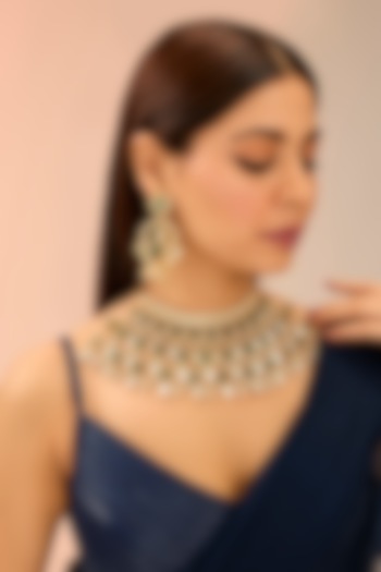 Gold Finish Green Moissanite Necklace Set by Preeti Mohan at Pernia's Pop Up Shop