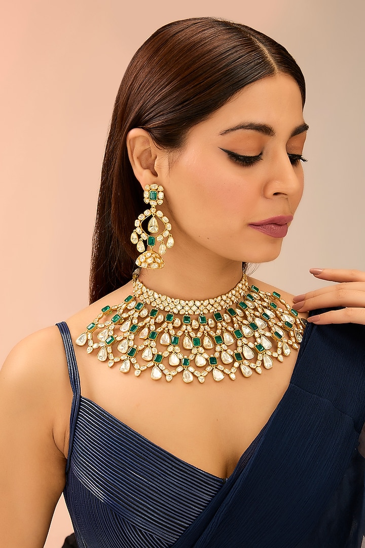 Gold Finish Green Moissanite Necklace Set by Preeti Mohan at Pernia's Pop Up Shop