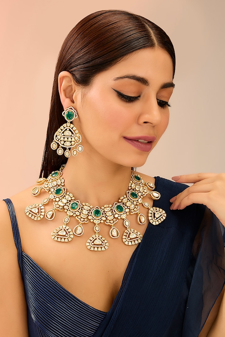 Gold Finish Green Moissanite Necklace Set by Preeti Mohan at Pernia's Pop Up Shop