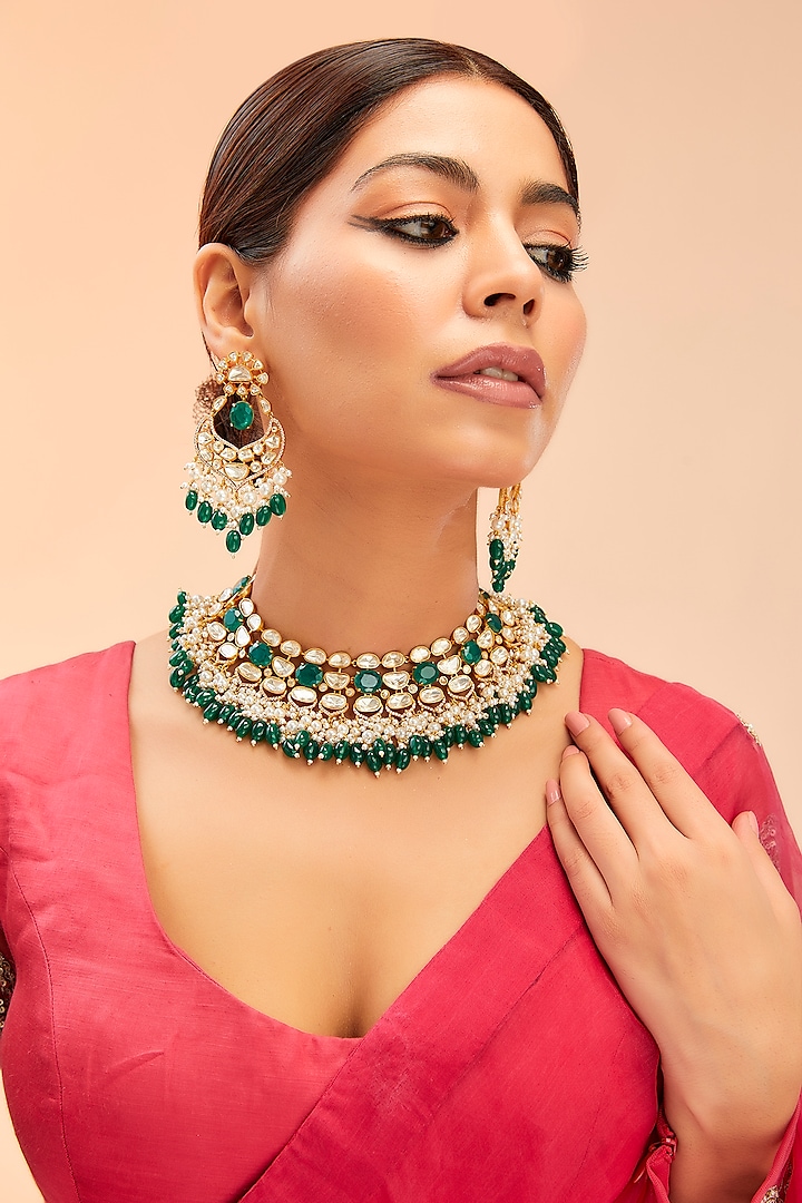 Gold Finish Moissanite & Green Onyx Drop Necklace Set by Preeti Mohan at Pernia's Pop Up Shop