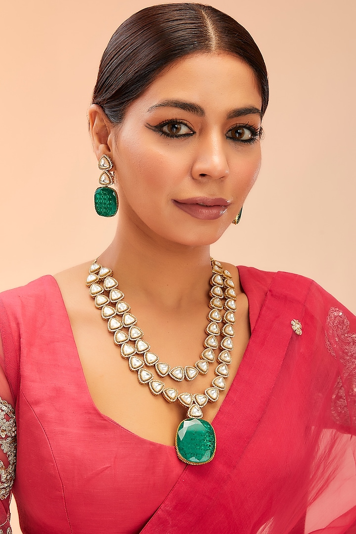 Gold Finish Moissanite Polki & Green Onyx Drop Long Necklace Set by Preeti Mohan at Pernia's Pop Up Shop