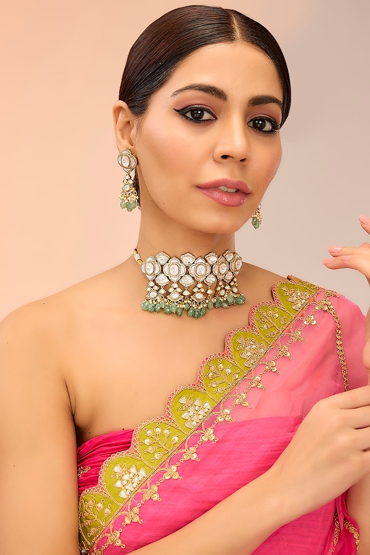 Gold Finish Kundan Polki & Green Onyx Drop Choker Necklace Set by Preeti Mohan at Pernia's Pop Up Shop