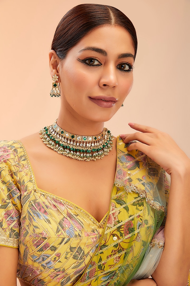 Gold Finish Kundan Polki & Green Onyx Drop Necklace Set by Preeti Mohan at Pernia's Pop Up Shop