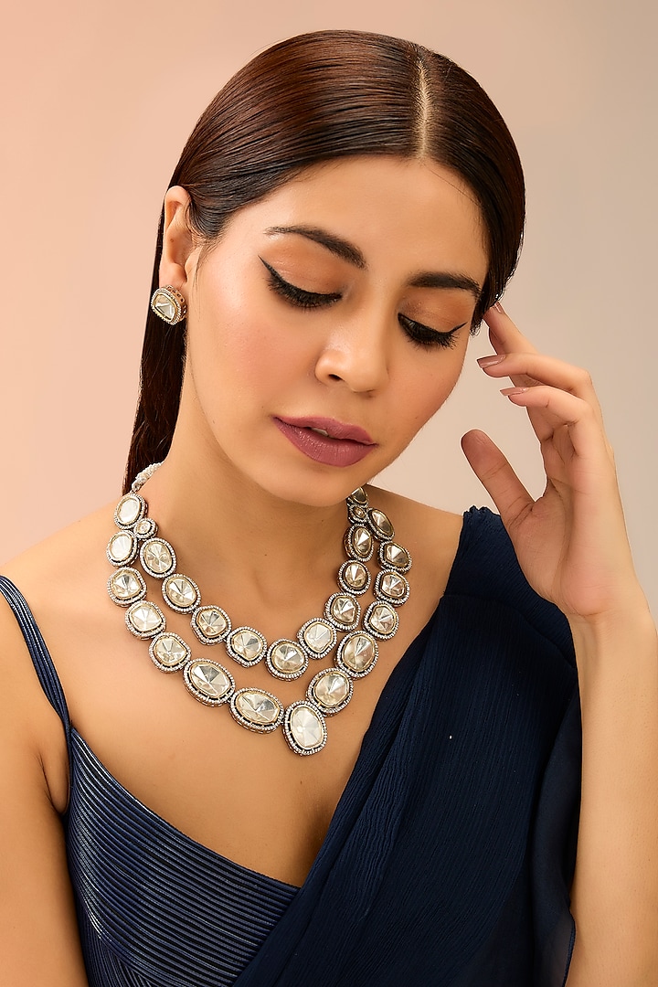 Silver Finish Two Tone Polki Long Necklace Set by Preeti Mohan at Pernia's Pop Up Shop