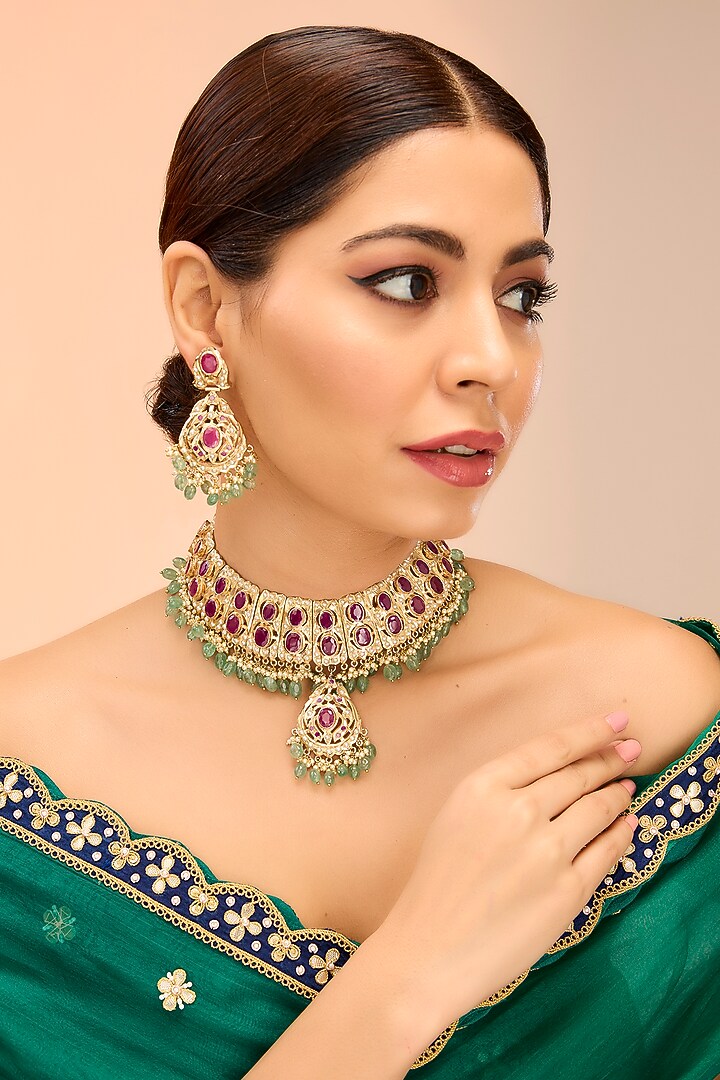 Gold Finish Ruby & Green Kundan Polki Necklace Set by Preeti Mohan at Pernia's Pop Up Shop