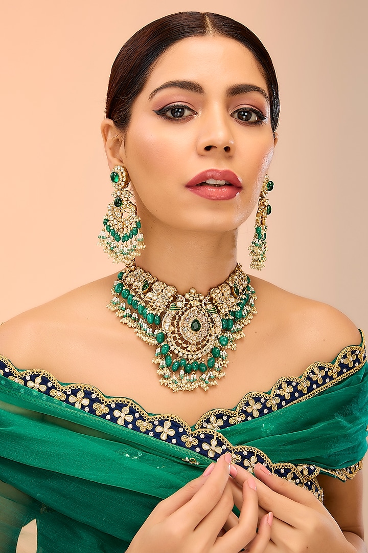 Gold Finish Green Kundan Polki Necklace Set by Preeti Mohan at Pernia's Pop Up Shop