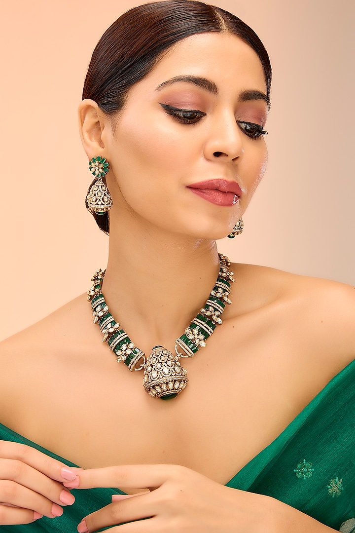 Gold Finish Green Kundan Polki Necklace Set by Preeti Mohan at Pernia's Pop Up Shop
