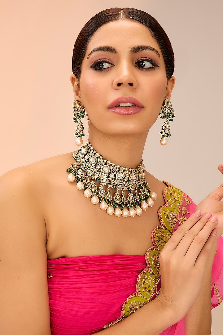 Antique Finish Green Kundan Polki Choker Necklace Set by Preeti Mohan at Pernia's Pop Up Shop