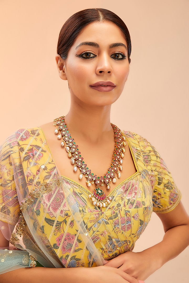 Gold Finish Red & Green Kundan Polki Long Necklace by Preeti Mohan at Pernia's Pop Up Shop