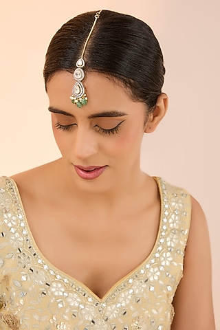Silver Finish Kundan Polki & Green Onyx Maangtikka by Preeti Mohan