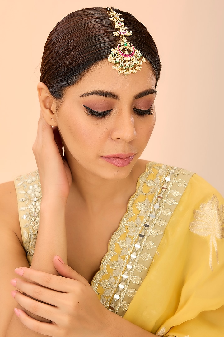 Gold Finish Kundan Polki & Green Onyx Maangtikka by Preeti Mohan at Pernia's Pop Up Shop