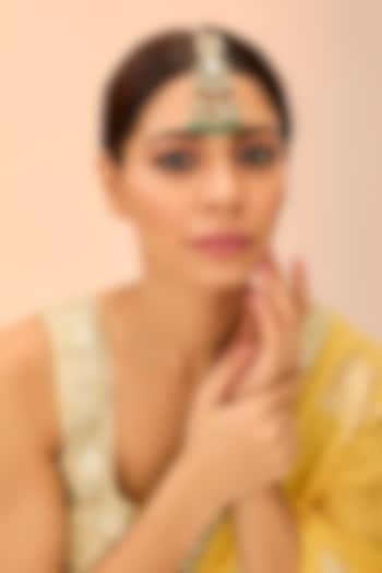 Antique Gold Finish Kundan Polki & Green Onyx Maangtikka by Preeti Mohan at Pernia's Pop Up Shop