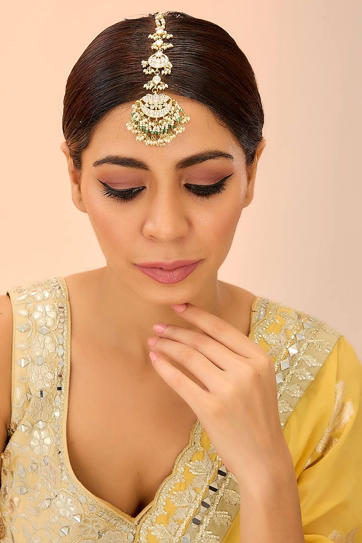 Gold Finish Kundan Polki & Pearl Maangtikka by Preeti Mohan at Pernia's Pop Up Shop