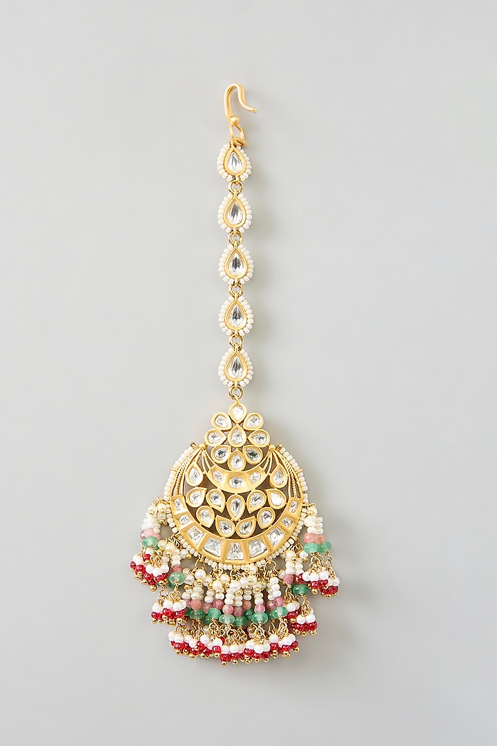 Gold Finish Kundan Polki & Multi-Colored Drop Maangtikka by Preeti Mohan at Pernia's Pop Up Shop