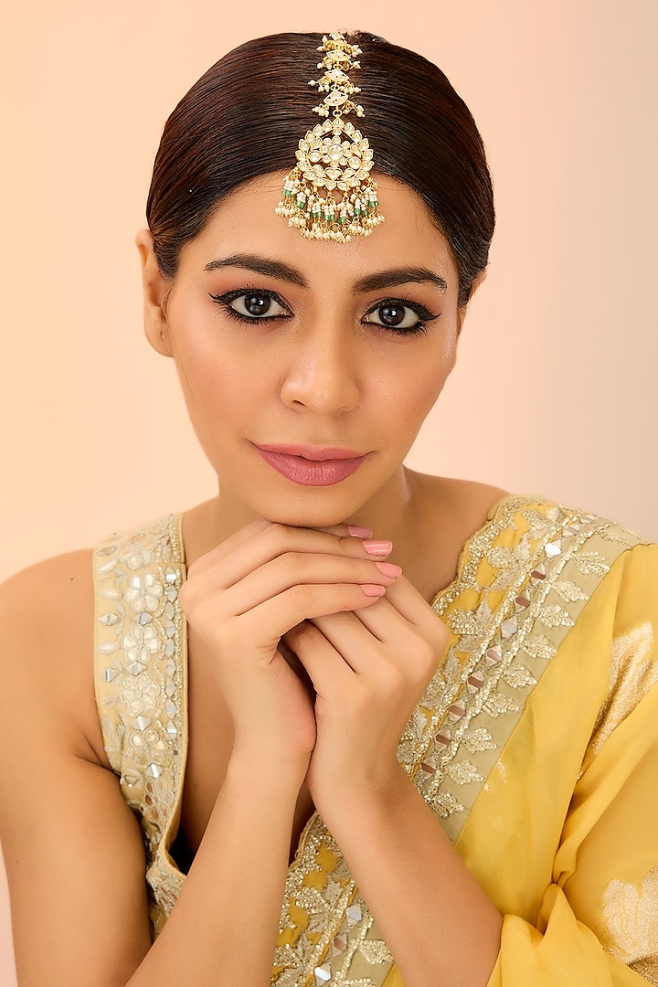 Gold Finish Kundan Polki & Pearl Maangtikka by Preeti Mohan at Pernia's Pop Up Shop