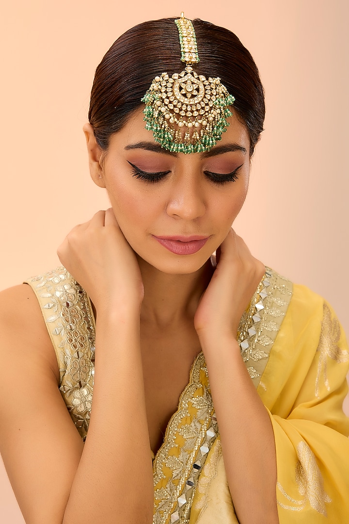 Gold Finish Kundan Polki & Green Onyx Maangtikka by Preeti Mohan at Pernia's Pop Up Shop