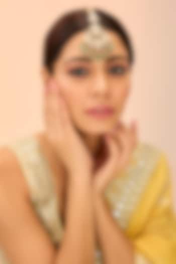 Gold Finish Kundan Polki & Green Onyx Maangtikka by Preeti Mohan at Pernia's Pop Up Shop