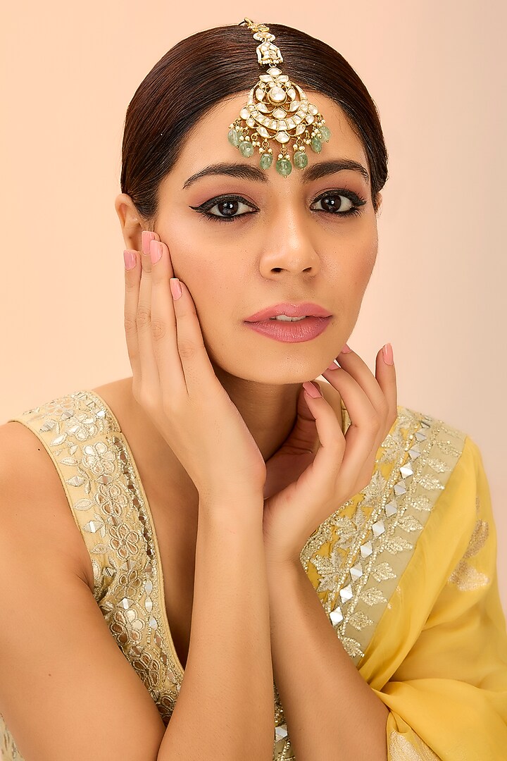 Gold Finish Kundan Polki & Green Onyx Maangtikka by Preeti Mohan at Pernia's Pop Up Shop