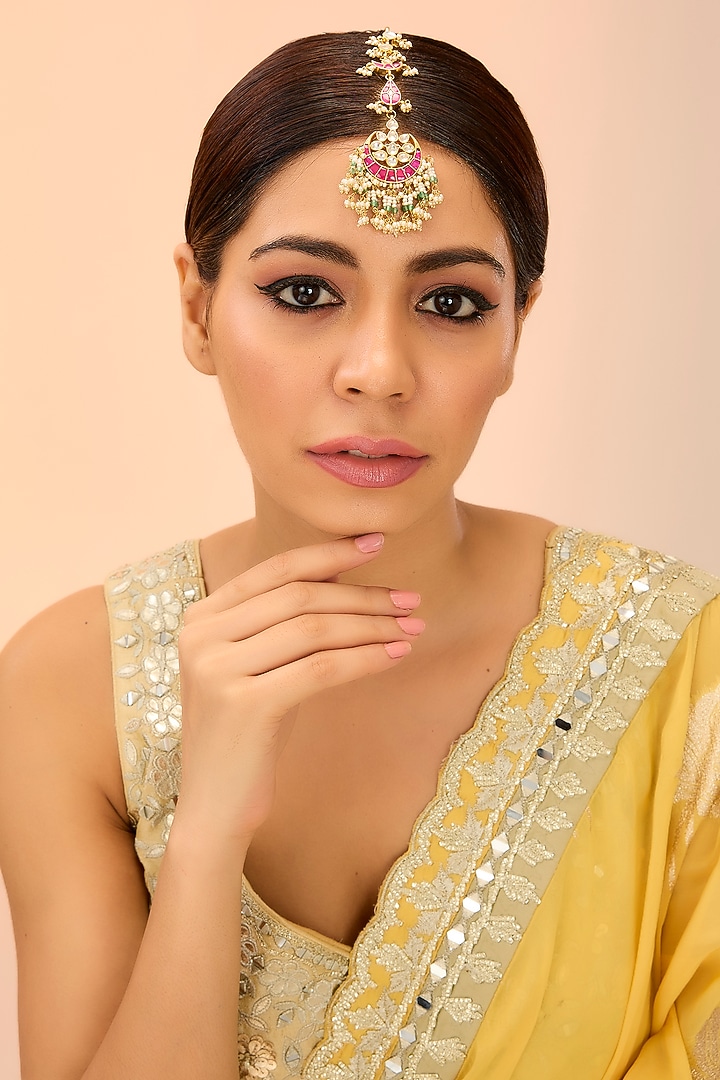 Gold Finish Kundan Polki & Green Onyx Maangtikka by Preeti Mohan at Pernia's Pop Up Shop