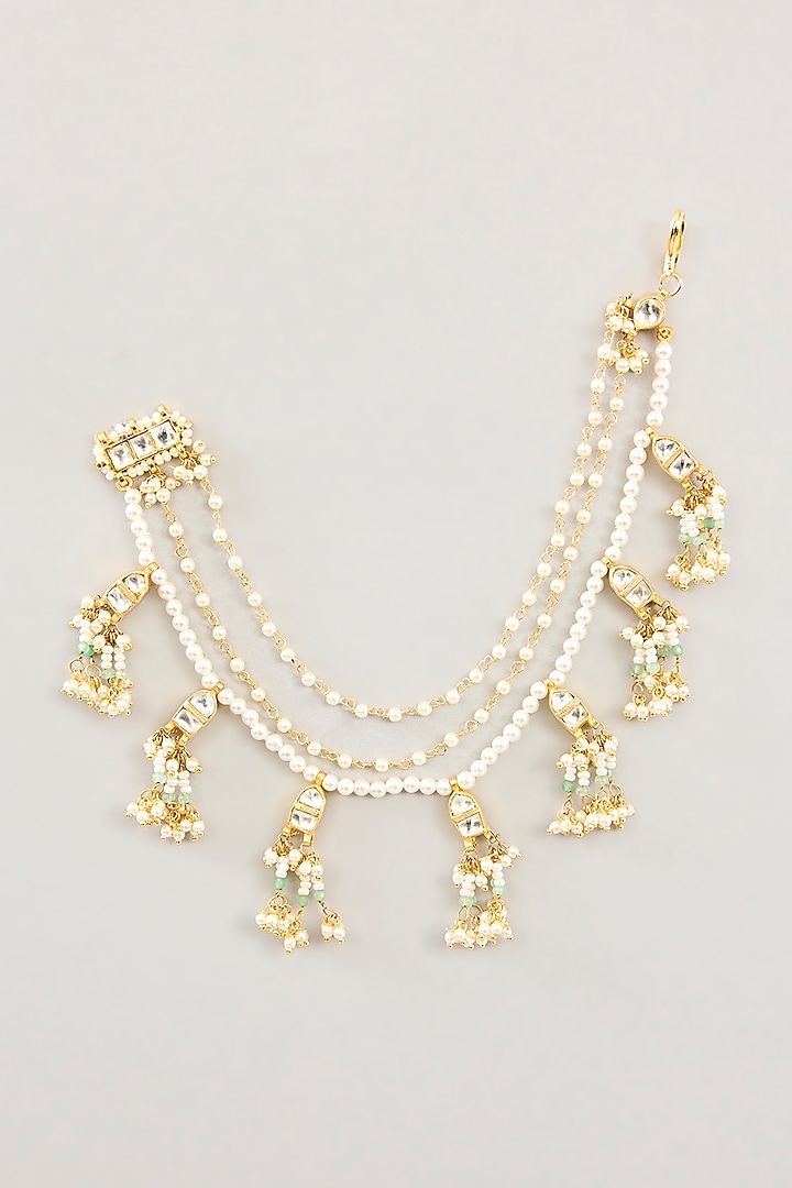 Gold Finish White & Green Kundan Polki Ear Chains by Preeti Mohan at Pernia's Pop Up Shop