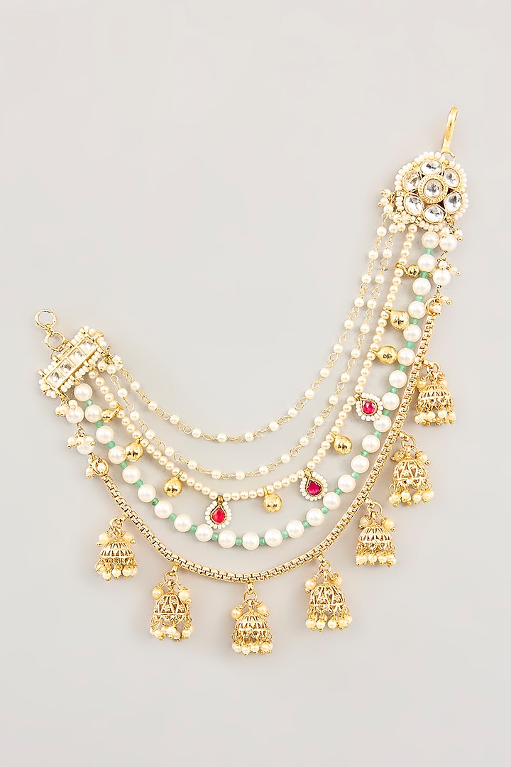 Gold Finish Red & Green Kundan Polki Ear Chains by Preeti Mohan at Pernia's Pop Up Shop