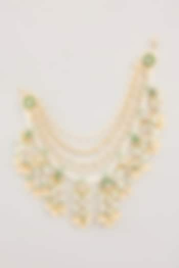 Gold Finish Green Kundan Polki & Pearl Drop Ear Chains by Preeti Mohan at Pernia's Pop Up Shop