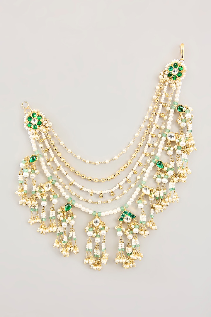 Gold Finish Green Kundan Polki & Pearl Drop Ear Chains by Preeti Mohan at Pernia's Pop Up Shop