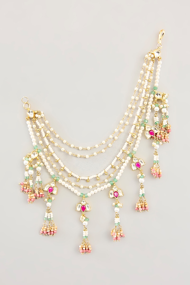 Gold Finish Kundan Polki & Multi-Colored Drop Ear Chains by Preeti Mohan