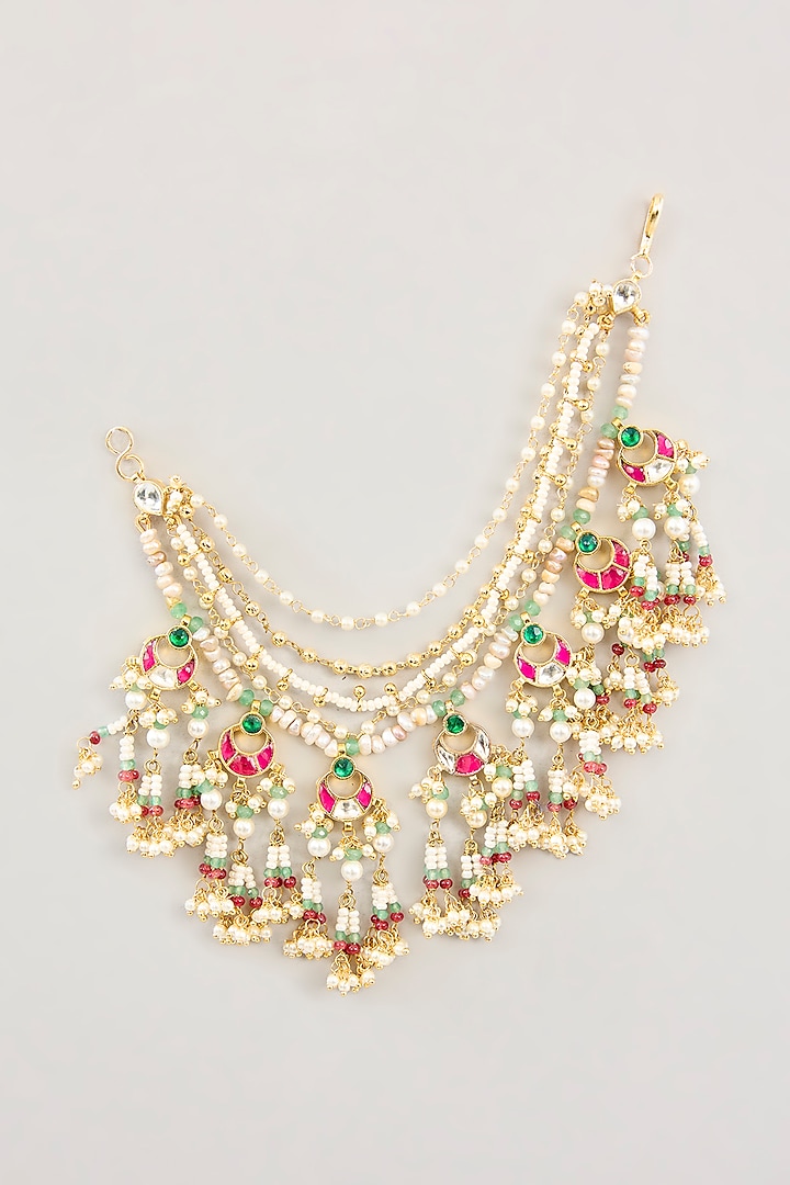 Gold Finish Kundan Polki & Pearl Drop Ear Chains by Preeti Mohan at Pernia's Pop Up Shop