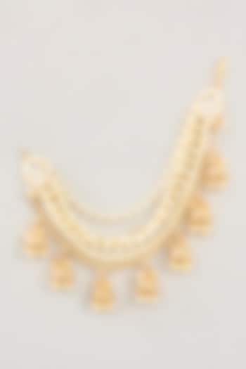 Gold Finish White Kundan Polki & Pearl Drop Ear Chains by Preeti Mohan at Pernia's Pop Up Shop