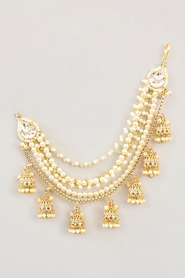 Gold Finish White Kundan Polki & Pearl Drop Ear Chains by Preeti Mohan at Pernia's Pop Up Shop