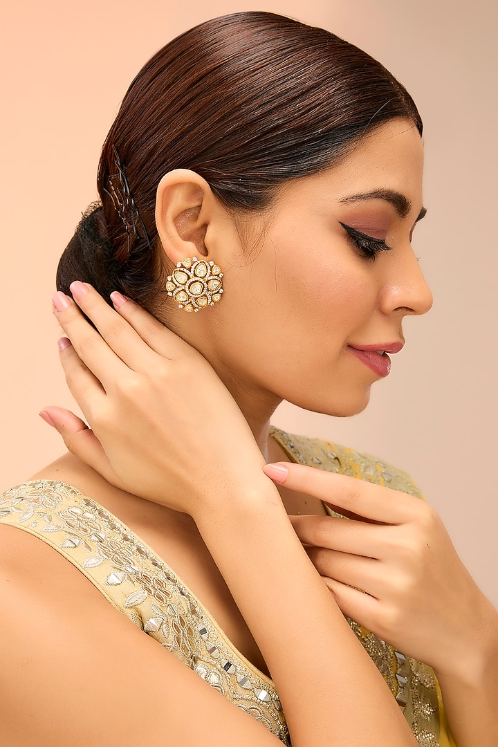 Gold Finish Moissanite Stud Earrings by Preeti Mohan at Pernia's Pop Up Shop