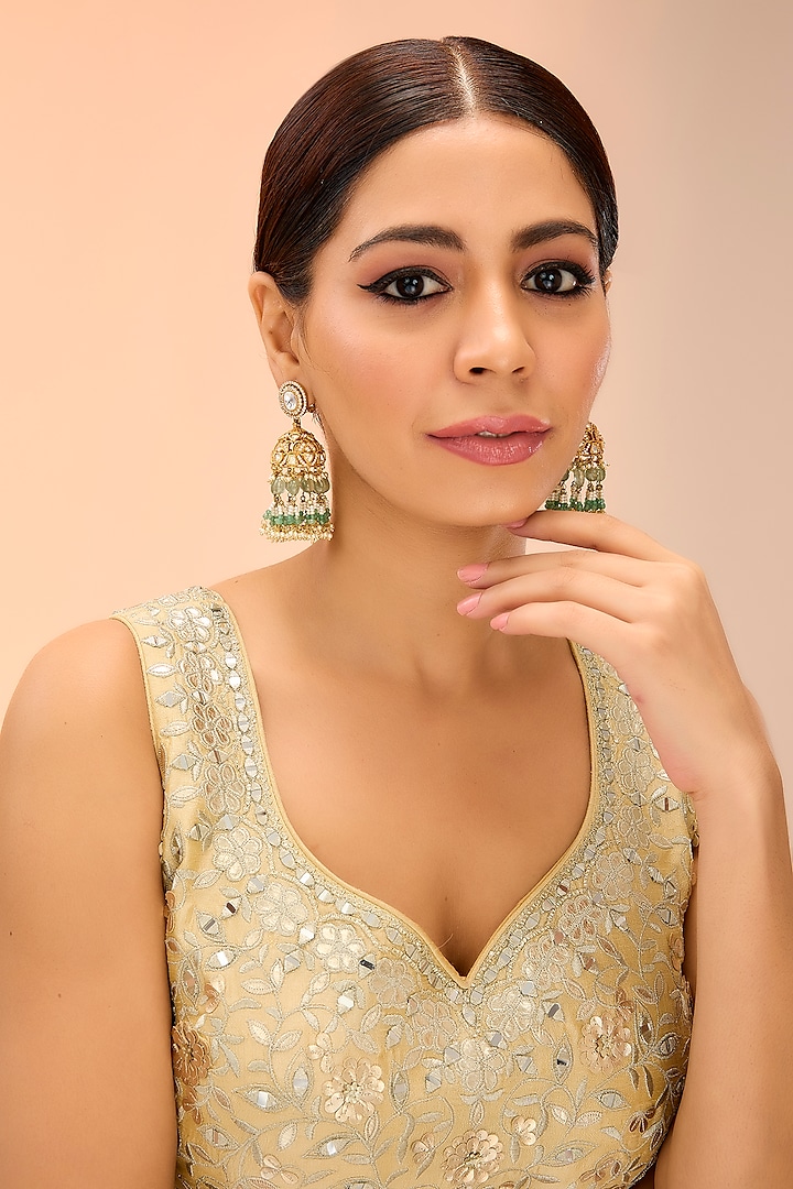 Gold Finish Green Moissanite Jhumka Earrings by Preeti Mohan at Pernia's Pop Up Shop