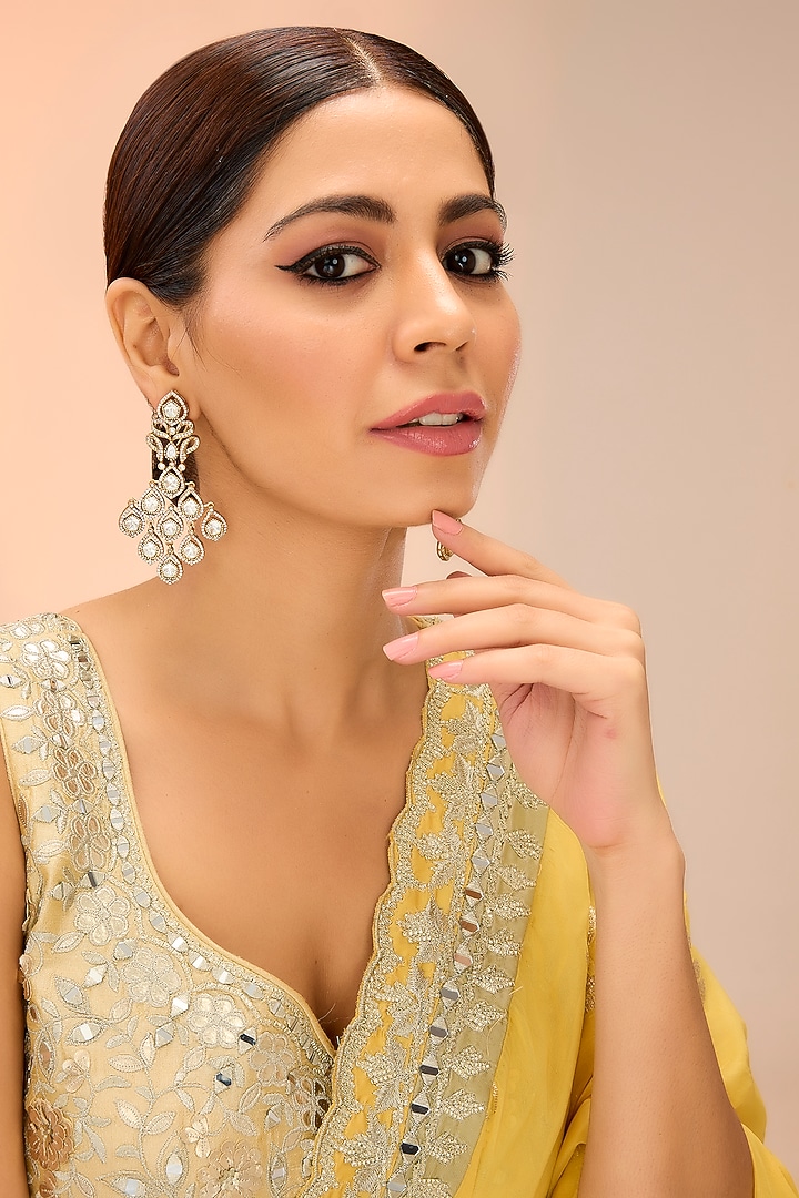 Gold Finish Kundan Polki Dangler Earrings by Preeti Mohan at Pernia's Pop Up Shop