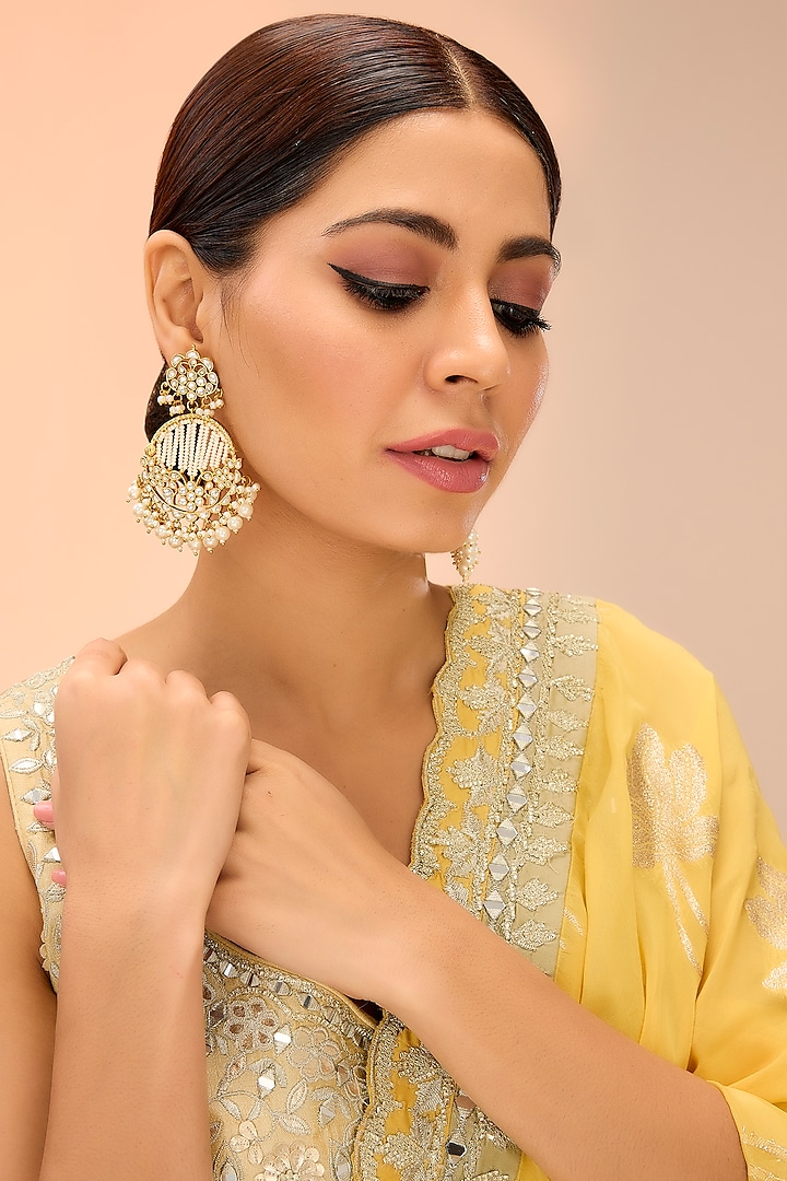 Gold Finish Kundan Polki & Pearl Drop Chandbali Earrings by Preeti Mohan at Pernia's Pop Up Shop