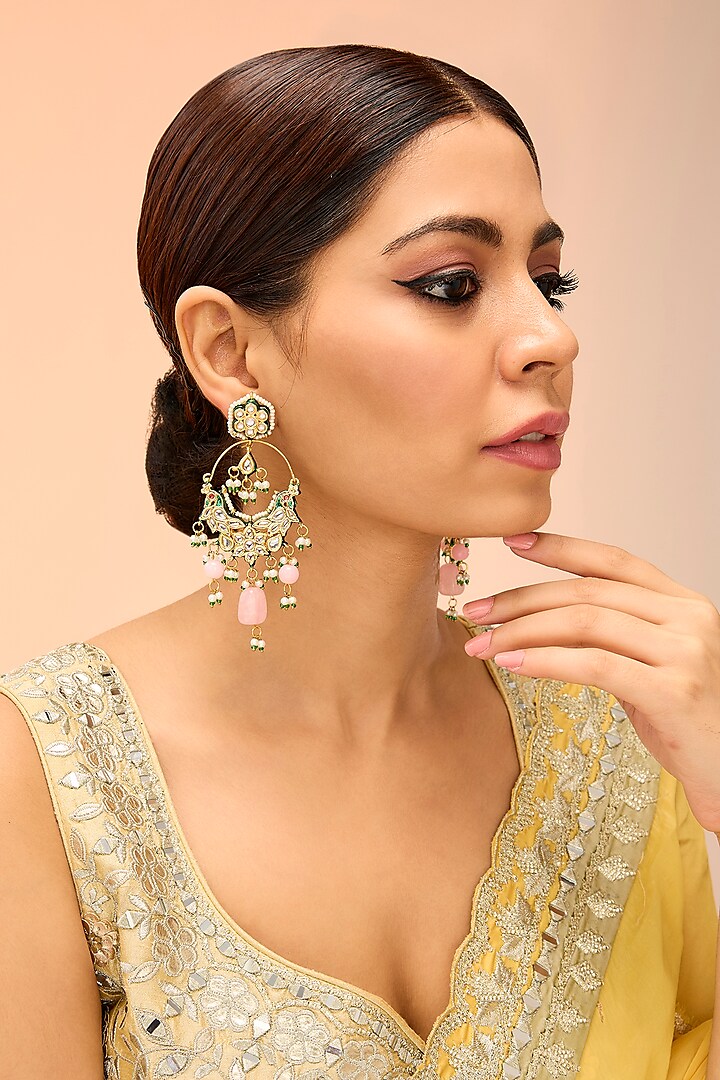 Gold Finish Kundan Polki & Pink Drop Chandbali Earrings by Preeti Mohan at Pernia's Pop Up Shop