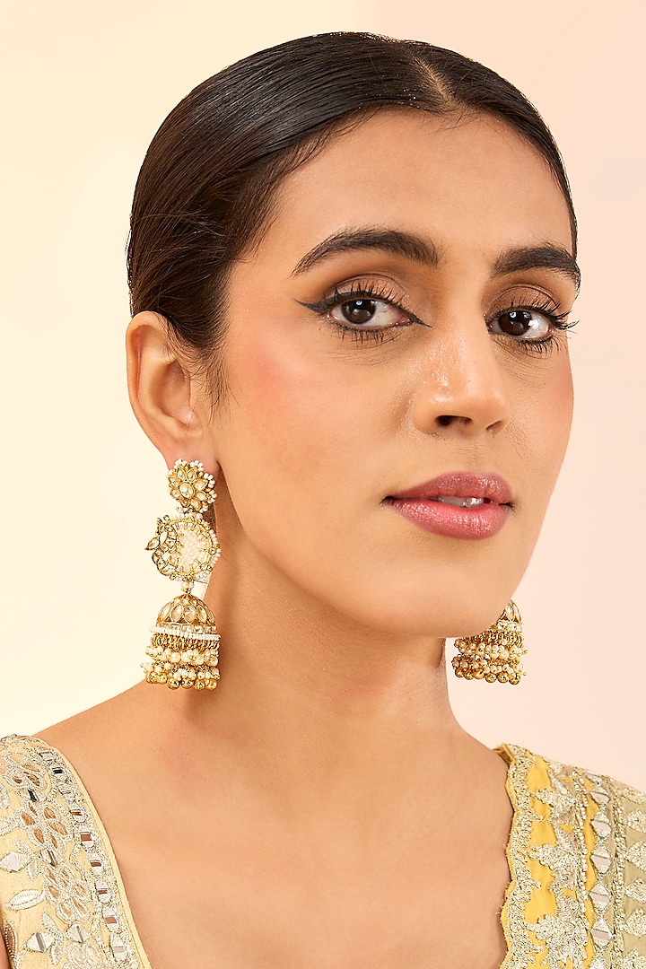 Gold Finish Kundan Polki & Pearl Drop Jhumka Earrings by Preeti Mohan at Pernia's Pop Up Shop