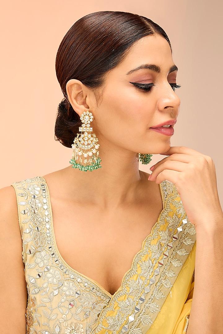 Gold Finish Kundan Polki & Green Onyx Chandbali Earrings by Preeti Mohan at Pernia's Pop Up Shop