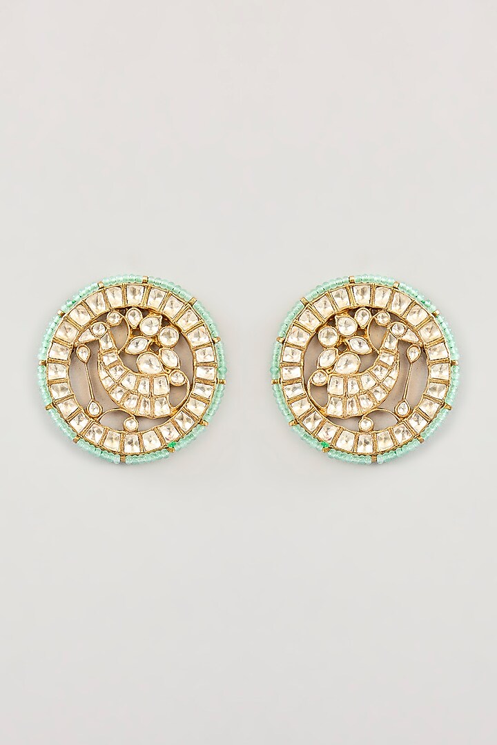Gold Finish Green Kundan Polki Stud Earrings by Preeti Mohan at Pernia's Pop Up Shop