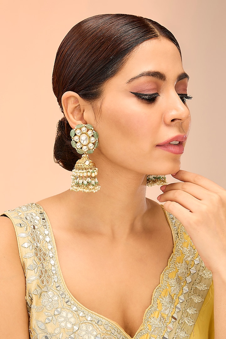 Gold Finish Green Kundan Polki & Pearl Drop Jhumka Earrings by Preeti Mohan