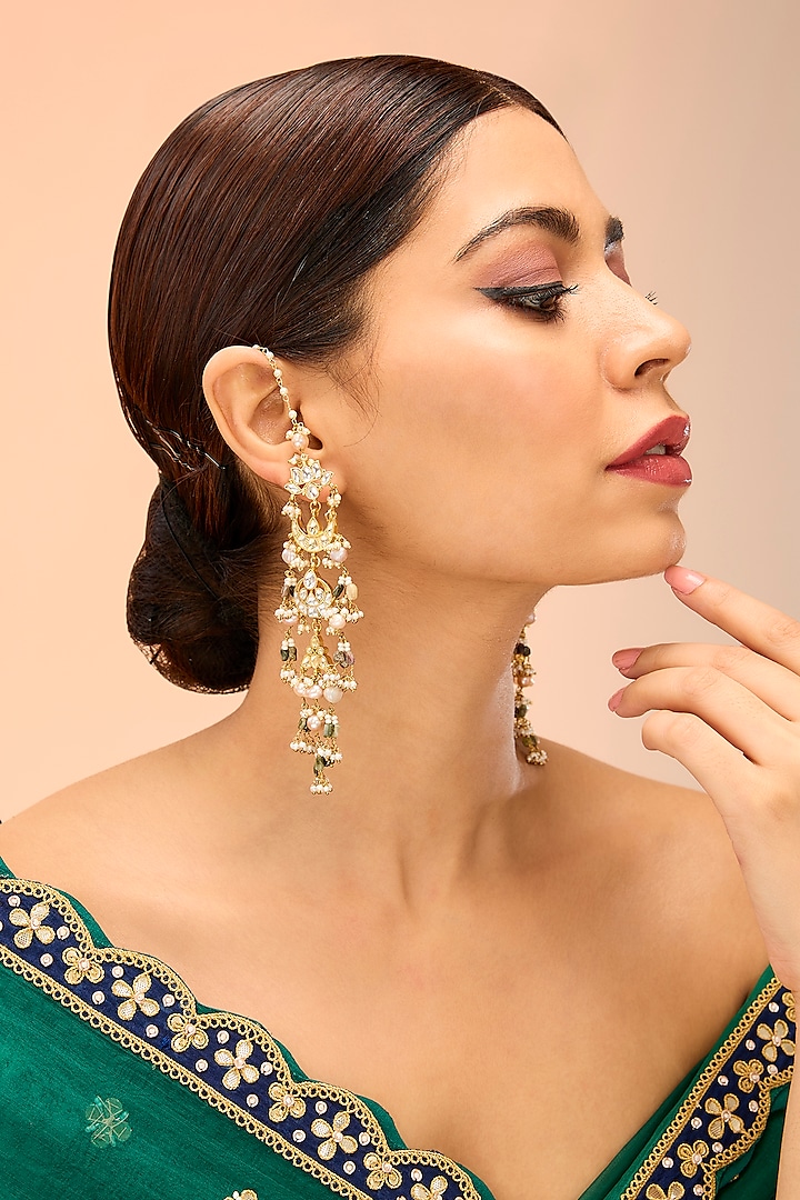 Gold Finish Kundan Polki & Grey Crystal Dangler Earrings by Preeti Mohan at Pernia's Pop Up Shop