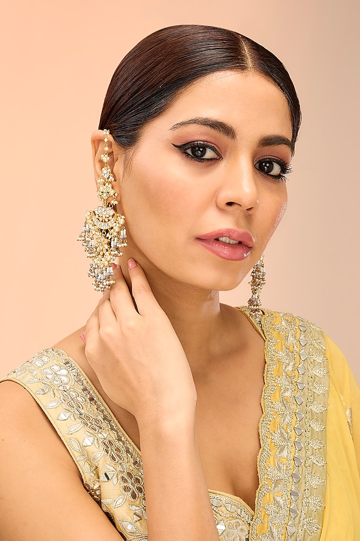 Gold Finish Kundan Polki & Pearl Drop Dangler Earrings by Preeti Mohan at Pernia's Pop Up Shop