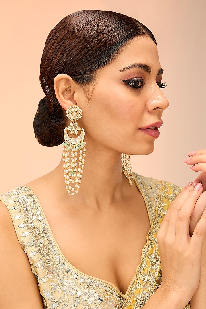 Gold Finish Kundan Polki & Pearl Drop Dangler Earrings by Preeti Mohan at Pernia's Pop Up Shop