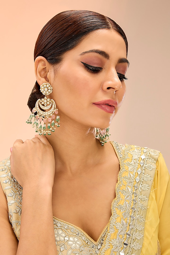 Gold Finish Kundan Polki Chandbali Earrings by Preeti Mohan at Pernia's Pop Up Shop