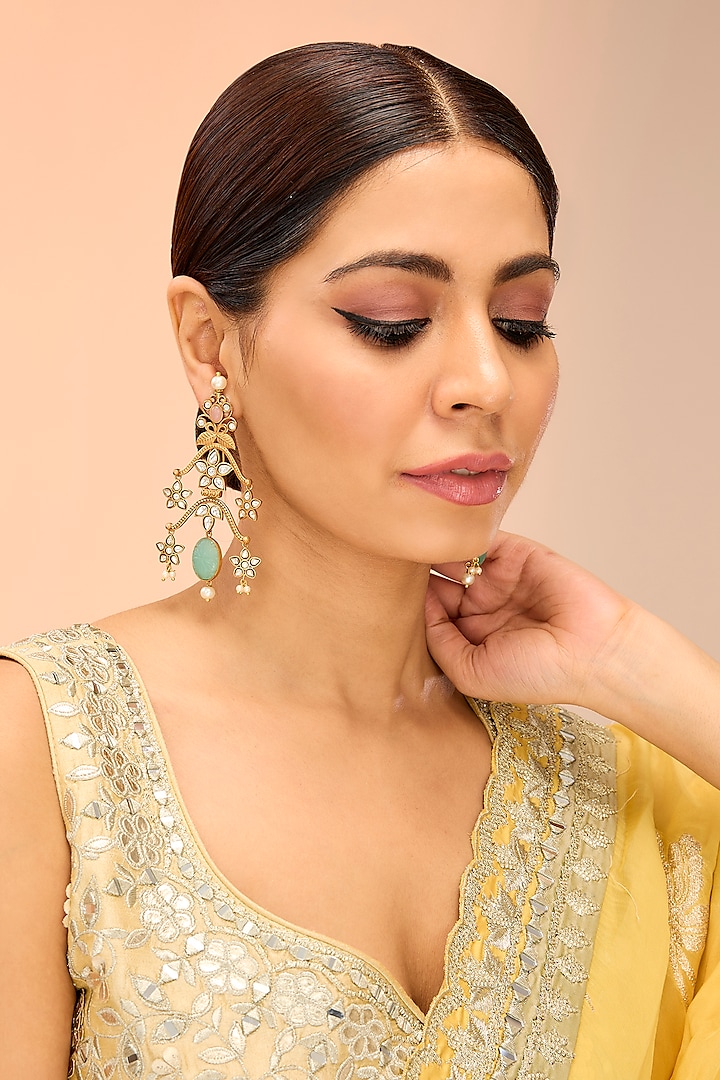 Gold Finish Kundan Polki & Pearl Drop Dangler Earrings by Preeti Mohan at Pernia's Pop Up Shop