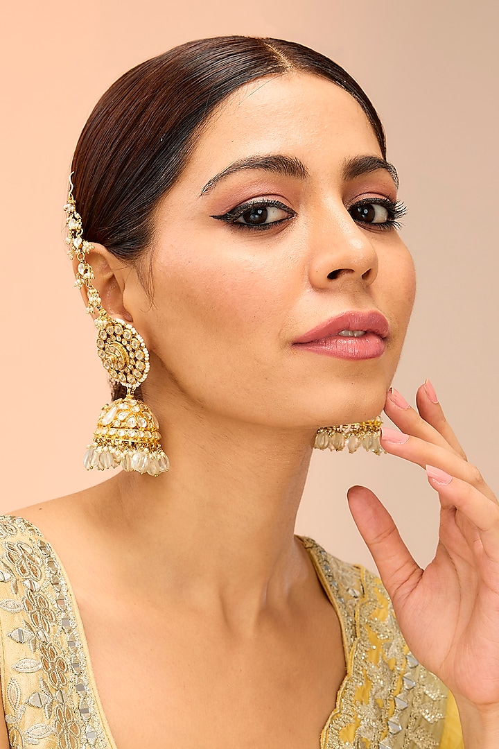 Gold Finish Kundan Polki & Fluorite Drop Dangler Earrings by Preeti Mohan at Pernia's Pop Up Shop